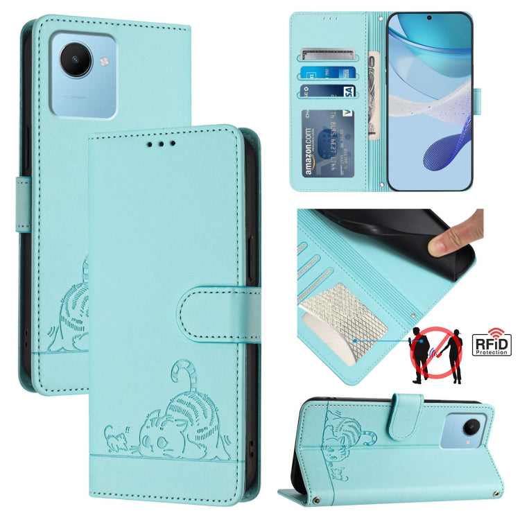 Cat Rat Embossed Pattern RFID Leather Phone Case with Lanyard, For Realme 10 4G Global, For Realme C30 4G / Narzo 50i Prime, For Realme C30S, For Realme 9i 5G India