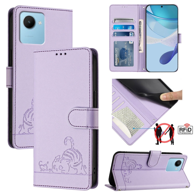 Cat Rat Embossed Pattern RFID Leather Phone Case with Lanyard, For Realme 10 4G Global, For Realme C30 4G / Narzo 50i Prime, For Realme C30S, For Realme 9i 5G India