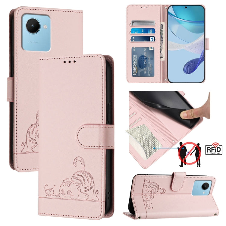 Cat Rat Embossed Pattern RFID Leather Phone Case with Lanyard, For Realme 10 4G Global, For Realme C30 4G / Narzo 50i Prime, For Realme C30S, For Realme 9i 5G India