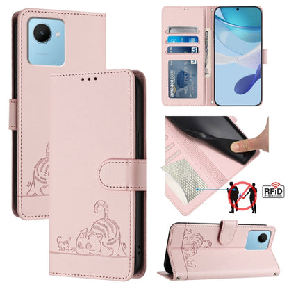 Cat Rat Embossed Pattern RFID Leather Phone Case with Lanyard, For Realme 10 4G Global, For Realme C30 4G / Narzo 50i Prime, For Realme C30S, For Realme 9i 5G India