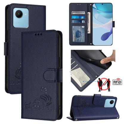 Cat Rat Embossed Pattern RFID Leather Phone Case with Lanyard, For Realme 10 4G Global, For Realme C30 4G / Narzo 50i Prime, For Realme C30S, For Realme 9i 5G India