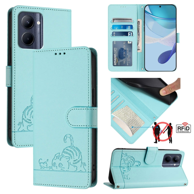 Cat Rat Embossed Pattern RFID Leather Phone Case with Lanyard, For Realme C55 4G Global, For Realme Narzo N55, For Realme C33 2022 Global, For Realme C33 2023 Global