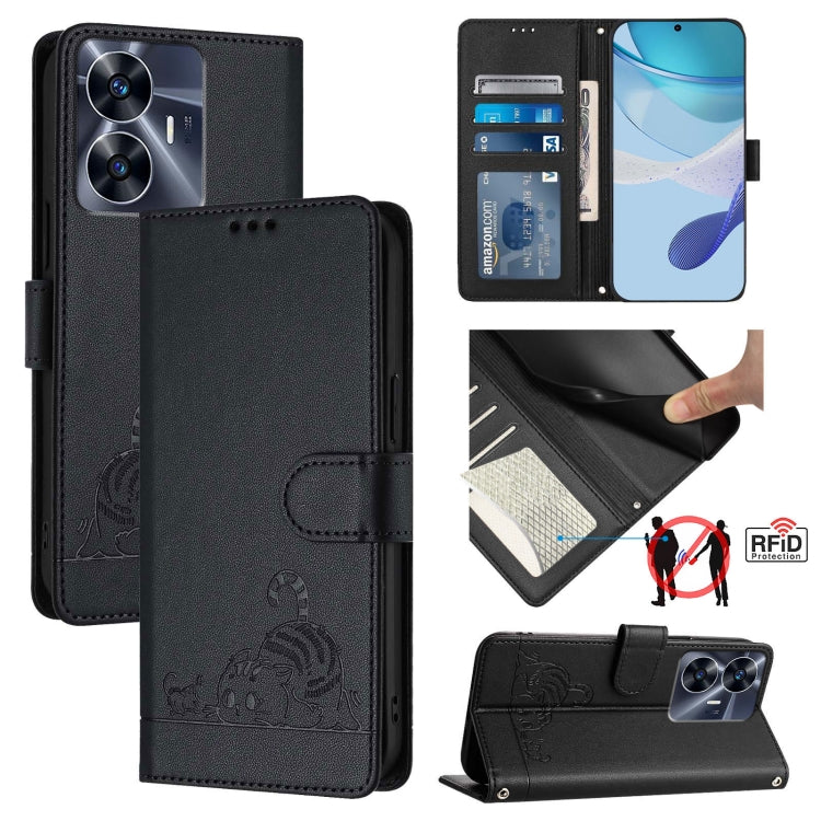 Cat Rat Embossed Pattern RFID Leather Phone Case with Lanyard, For Realme C55 4G Global, For Realme Narzo N55, For Realme C33 2022 Global, For Realme C33 2023 Global