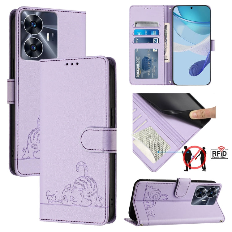 Cat Rat Embossed Pattern RFID Leather Phone Case with Lanyard, For Realme C55 4G Global, For Realme Narzo N55, For Realme C33 2022 Global, For Realme C33 2023 Global