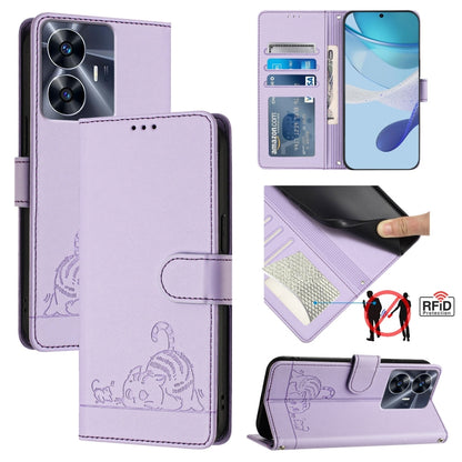 Cat Rat Embossed Pattern RFID Leather Phone Case with Lanyard, For Realme C55 4G Global, For Realme Narzo N55, For Realme C33 2022 Global, For Realme C33 2023 Global