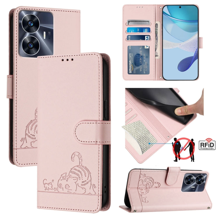 Cat Rat Embossed Pattern RFID Leather Phone Case with Lanyard, For Realme C55 4G Global, For Realme Narzo N55, For Realme C33 2022 Global, For Realme C33 2023 Global