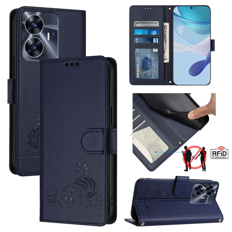 Cat Rat Embossed Pattern RFID Leather Phone Case with Lanyard, For Realme C55 4G Global, For Realme Narzo N55, For Realme C33 2022 Global, For Realme C33 2023 Global
