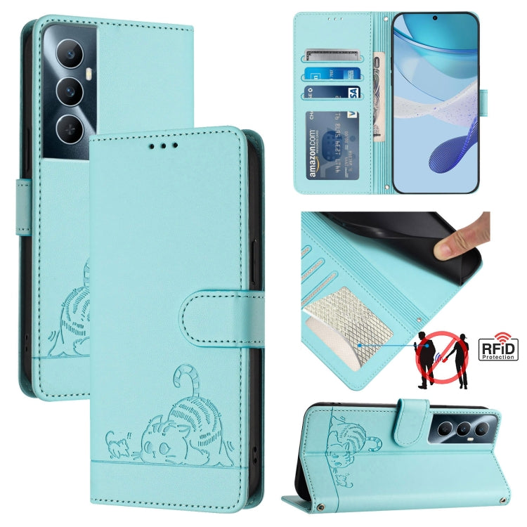 Cat Rat Embossed Pattern RFID Leather Phone Case with Lanyard, For Realme 11 4G Global, For Realme GT5 5G 240W / GT5 5G, For Realme Narzo 60 Pro Global, For Realme C65 4G Global