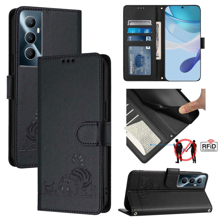 Cat Rat Embossed Pattern RFID Leather Phone Case with Lanyard, For Realme 11 4G Global, For Realme GT5 5G 240W / GT5 5G, For Realme Narzo 60 Pro Global, For Realme C65 4G Global