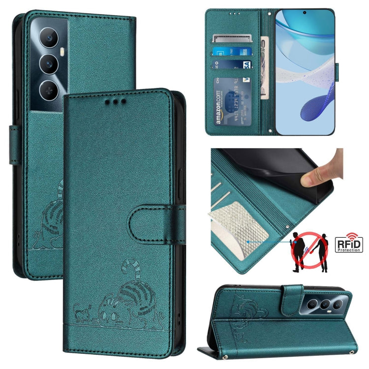 Cat Rat Embossed Pattern RFID Leather Phone Case with Lanyard, For Realme 11 4G Global, For Realme GT5 5G 240W / GT5 5G, For Realme Narzo 60 Pro Global, For Realme C65 4G Global