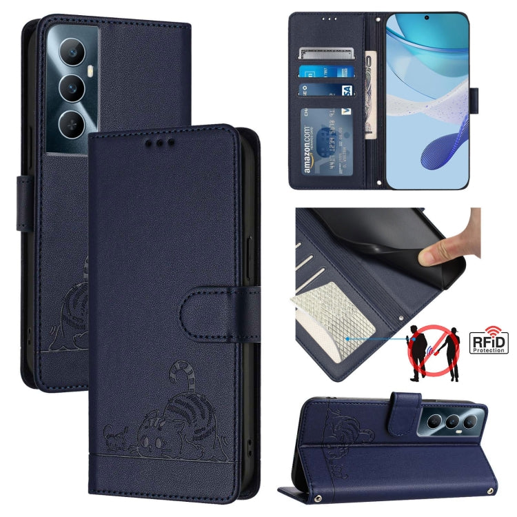 Cat Rat Embossed Pattern RFID Leather Phone Case with Lanyard, For Realme 11 4G Global, For Realme GT5 5G 240W / GT5 5G, For Realme Narzo 60 Pro Global, For Realme C65 4G Global