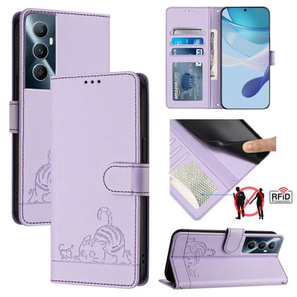 Cat Rat Embossed Pattern RFID Leather Phone Case with Lanyard, For Realme 11 4G Global, For Realme GT5 5G 240W / GT5 5G, For Realme Narzo 60 Pro Global, For Realme C65 4G Global
