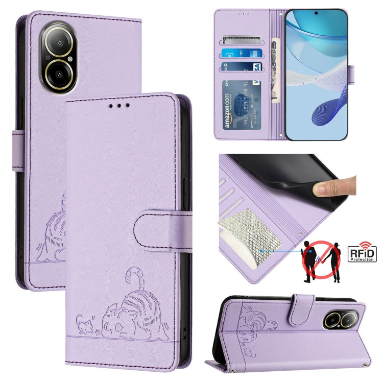 Cat Rat Embossed Pattern RFID Leather Phone Case with Lanyard, For Realme C67 4G Global, For Realme 11 5G Global / 11X 5G, For Realme C67 5G India, For Realme Narzo 60x 5G Global