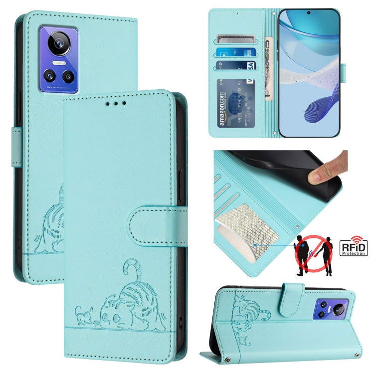 Cat Rat Embossed Pattern RFID Leather Phone Case with Lanyard, For Realme V23, For Realme Q5i, For Realme GT NEO3, For Realme 8 5G / 9 5G India