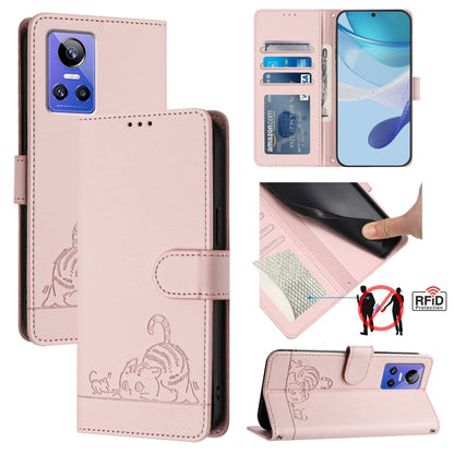 Cat Rat Embossed Pattern RFID Leather Phone Case with Lanyard, For Realme V23, For Realme Q5i, For Realme GT NEO3, For Realme 8 5G / 9 5G India