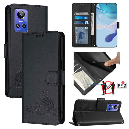 Cat Rat Embossed Pattern RFID Leather Phone Case with Lanyard, For Realme V23, For Realme Q5i, For Realme GT NEO3, For Realme 8 5G / 9 5G India