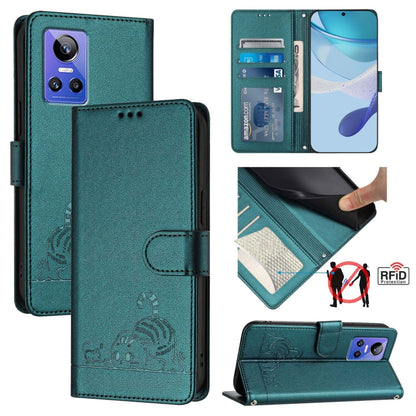 Cat Rat Embossed Pattern RFID Leather Phone Case with Lanyard, For Realme V23, For Realme Q5i, For Realme GT NEO3, For Realme 8 5G / 9 5G India