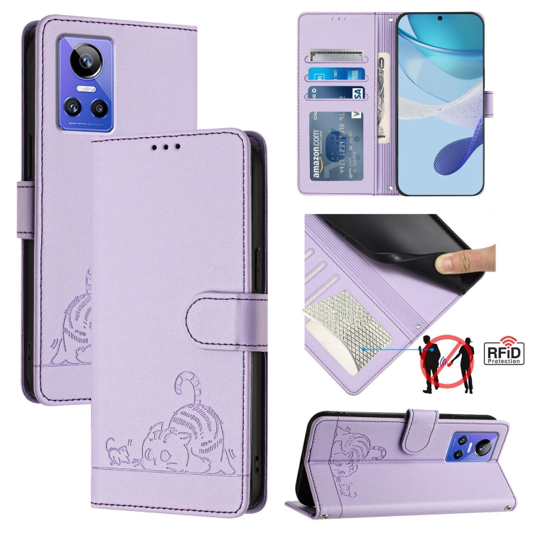 Cat Rat Embossed Pattern RFID Leather Phone Case with Lanyard, For Realme V23, For Realme Q5i, For Realme GT NEO3, For Realme 8 5G / 9 5G India