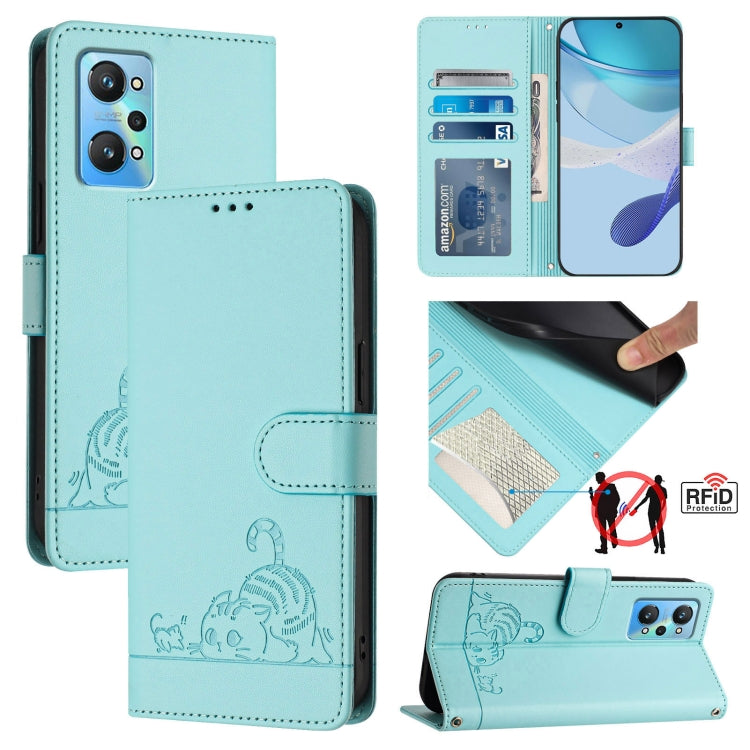 Cat Rat Embossed Pattern RFID Leather Phone Case with Lanyard, For Realme GT NEO 3T, For Realme 9 Pro+ 5G, For Realme Narzo 50 Pro 5G, For Realme 9 4G Global