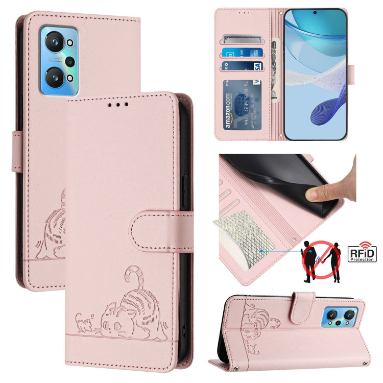 Cat Rat Embossed Pattern RFID Leather Phone Case with Lanyard, For Realme GT NEO 3T, For Realme 9 Pro+ 5G, For Realme Narzo 50 Pro 5G, For Realme 9 4G Global