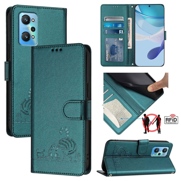 Cat Rat Embossed Pattern RFID Leather Phone Case with Lanyard, For Realme GT NEO 3T, For Realme 9 Pro+ 5G, For Realme Narzo 50 Pro 5G, For Realme 9 4G Global