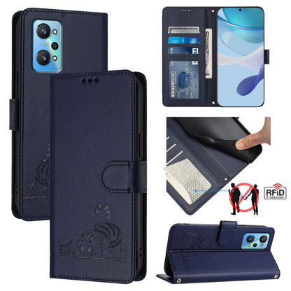 Cat Rat Embossed Pattern RFID Leather Phone Case with Lanyard, For Realme GT NEO 3T, For Realme 9 Pro+ 5G, For Realme Narzo 50 Pro 5G, For Realme 9 4G Global