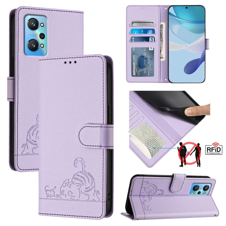 Cat Rat Embossed Pattern RFID Leather Phone Case with Lanyard, For Realme GT NEO 3T, For Realme 9 Pro+ 5G, For Realme Narzo 50 Pro 5G, For Realme 9 4G Global