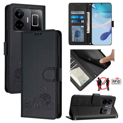Cat Rat Embossed Pattern RFID Leather Phone Case with Lanyard, For Realme 10T 5G / 10S 5G, For Realme GT3 5G / GT Neo 5 240W, For Realme 10 Pro 5G, For Realme 10 Pro+ 5G