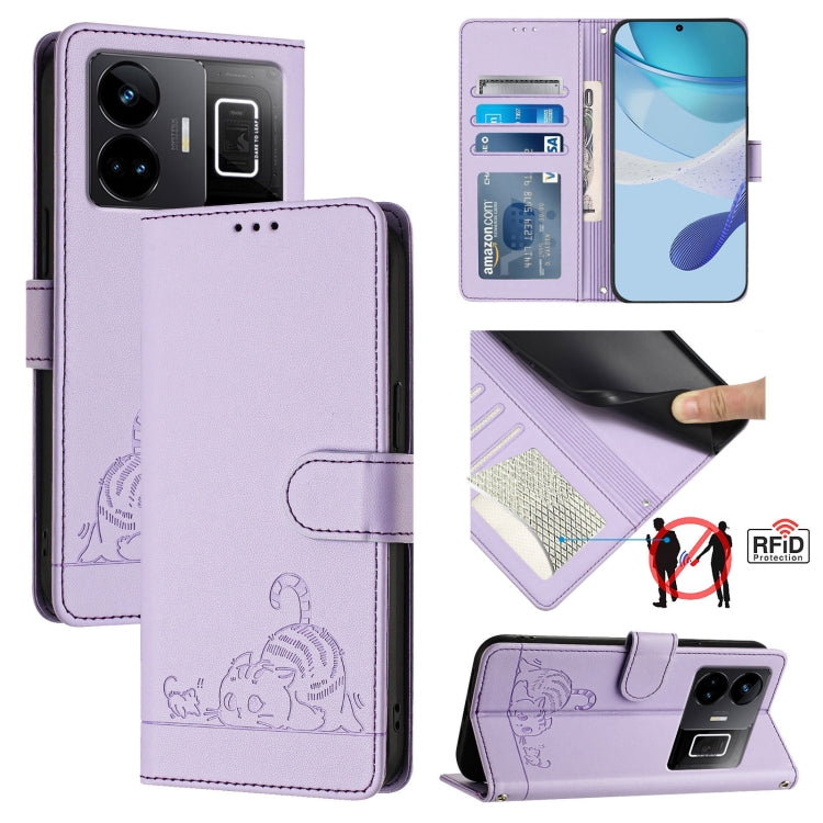 Cat Rat Embossed Pattern RFID Leather Phone Case with Lanyard, For Realme 10T 5G / 10S 5G, For Realme GT3 5G / GT Neo 5 240W, For Realme 10 Pro 5G, For Realme 10 Pro+ 5G