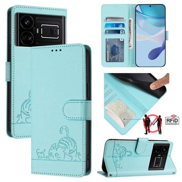 Cat Rat Embossed Pattern RFID Leather Phone Case with Lanyard, For Realme 11 4G Global, For Realme GT5 5G 240W / GT5 5G, For Realme Narzo 60 Pro Global, For Realme C65 4G Global