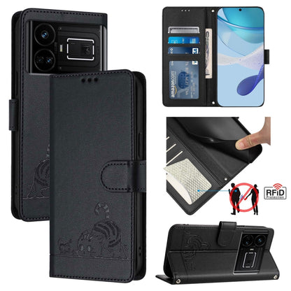 Cat Rat Embossed Pattern RFID Leather Phone Case with Lanyard, For Realme 11 4G Global, For Realme GT5 5G 240W / GT5 5G, For Realme Narzo 60 Pro Global, For Realme C65 4G Global