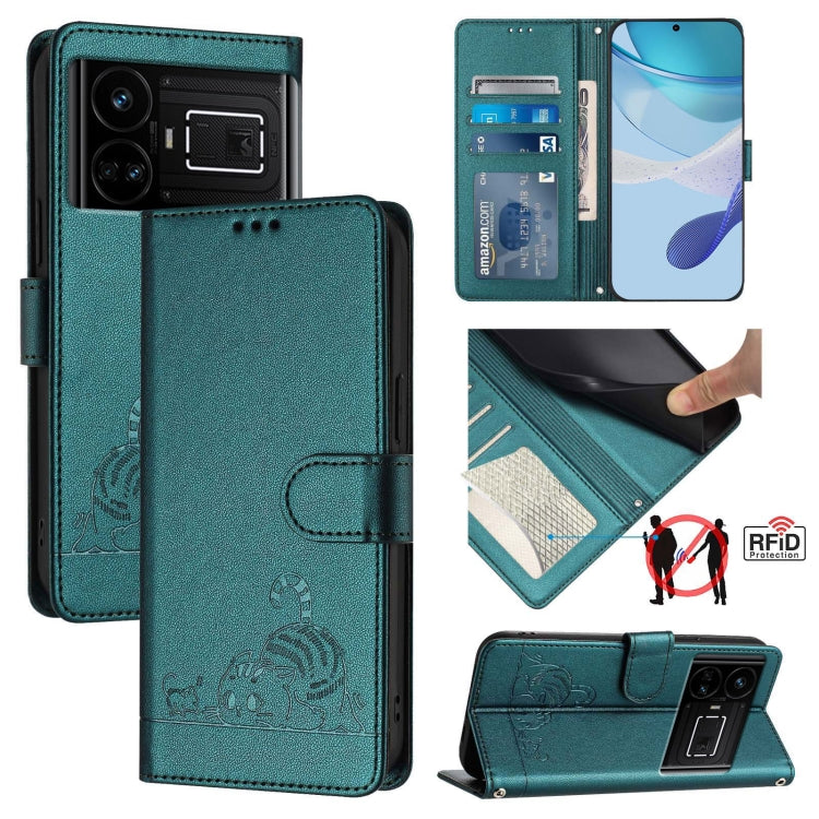 Cat Rat Embossed Pattern RFID Leather Phone Case with Lanyard, For Realme 11 4G Global, For Realme GT5 5G 240W / GT5 5G, For Realme Narzo 60 Pro Global, For Realme C65 4G Global