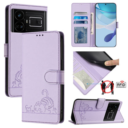 Cat Rat Embossed Pattern RFID Leather Phone Case with Lanyard, For Realme 11 4G Global, For Realme GT5 5G 240W / GT5 5G, For Realme Narzo 60 Pro Global, For Realme C65 4G Global