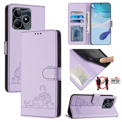 Cat Rat Embossed Pattern RFID Leather Phone Case with Lanyard, For Realme 12+ 5G Global, For Realme Narzo 70 Pro 5G India, For Realme 12 5G Global, For Realme Note 50 4G Global