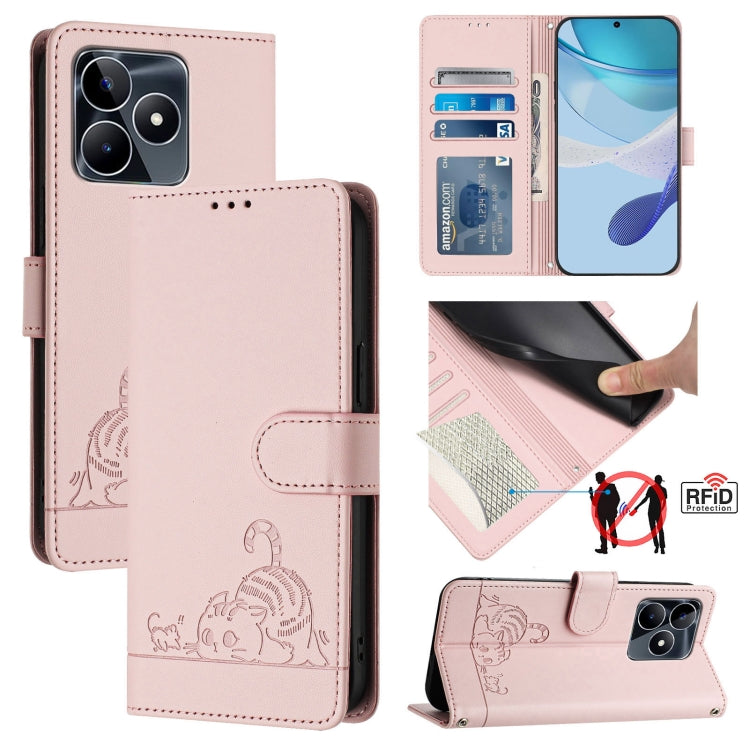 Cat Rat Embossed Pattern RFID Leather Phone Case with Lanyard, For Realme C51 4G / C53 4G Global, For Realme Narzo N53 4G Global, For Realme 12 Pro 5G Global, For Realme 12 Pro+ 5G Global