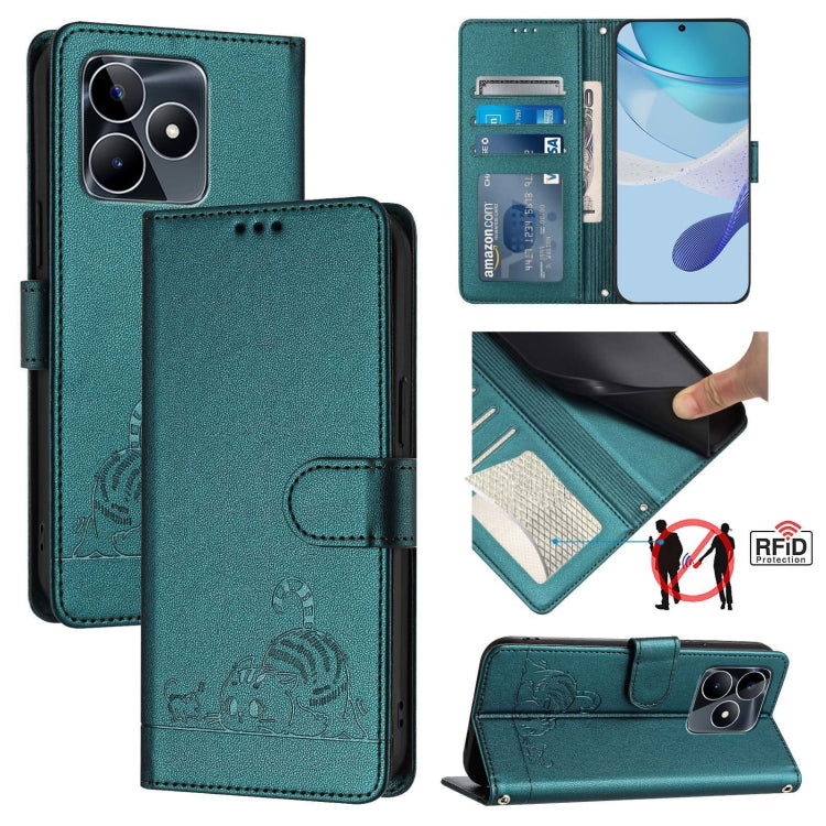 Cat Rat Embossed Pattern RFID Leather Phone Case with Lanyard, For Realme C51 4G / C53 4G Global, For Realme Narzo N53 4G Global, For Realme 12 Pro 5G Global, For Realme 12 Pro+ 5G Global