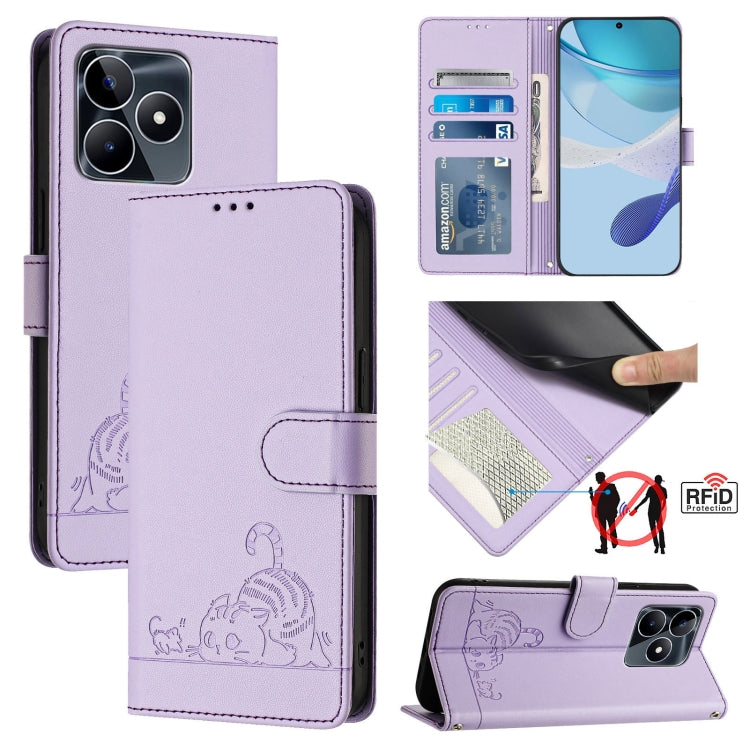 Cat Rat Embossed Pattern RFID Leather Phone Case with Lanyard, For Realme C51 4G / C53 4G Global, For Realme Narzo N53 4G Global, For Realme 12 Pro 5G Global, For Realme 12 Pro+ 5G Global