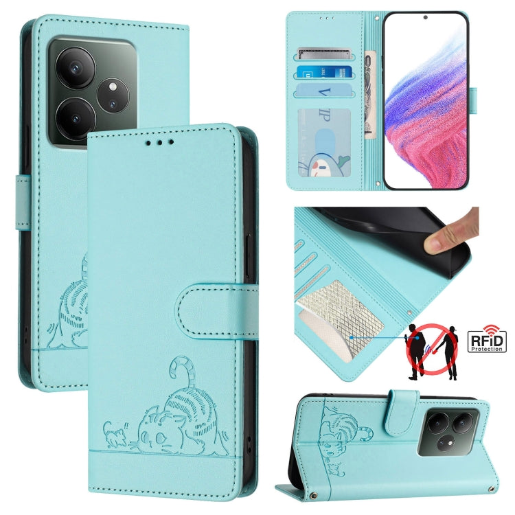 Cat Rat Embossed Pattern RFID Leather Phone Case with Lanyard, For Realme 13+ 5G Global, For Realme 13 Pro / 13 Pro+ 5G, For Realme GT 6 5G Global, For Realme GT 6T 5G Global