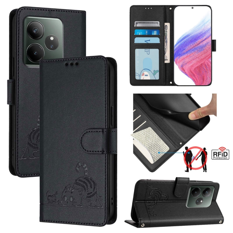 Cat Rat Embossed Pattern RFID Leather Phone Case with Lanyard, For Realme 13+ 5G Global, For Realme 13 Pro / 13 Pro+ 5G, For Realme GT 6 5G Global, For Realme GT 6T 5G Global