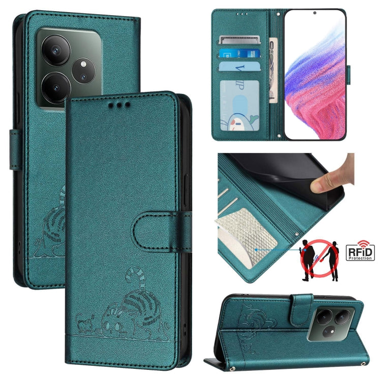 Cat Rat Embossed Pattern RFID Leather Phone Case with Lanyard, For Realme 13+ 5G Global, For Realme 13 Pro / 13 Pro+ 5G, For Realme GT 6 5G Global, For Realme GT 6T 5G Global
