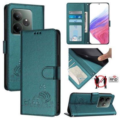 Cat Rat Embossed Pattern RFID Leather Phone Case with Lanyard, For Realme 13+ 5G Global, For Realme 13 Pro / 13 Pro+ 5G, For Realme GT 6 5G Global, For Realme GT 6T 5G Global
