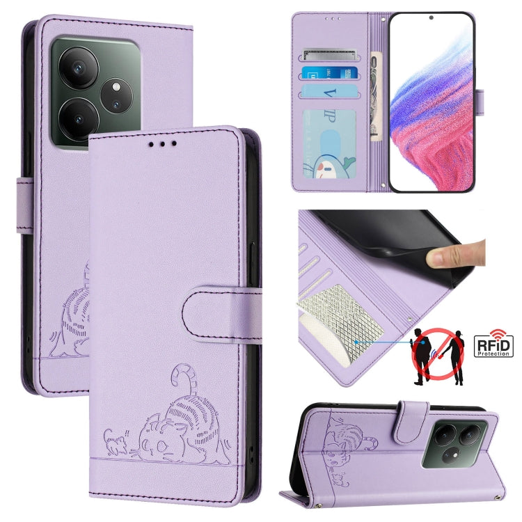 Cat Rat Embossed Pattern RFID Leather Phone Case with Lanyard, For Realme 13+ 5G Global, For Realme 13 Pro / 13 Pro+ 5G, For Realme GT 6 5G Global, For Realme GT 6T 5G Global