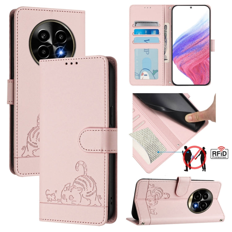 Cat Rat Embossed Pattern RFID Leather Phone Case with Lanyard, For Realme 13+ 5G Global, For Realme 13 Pro / 13 Pro+ 5G, For Realme GT 6 5G Global, For Realme GT 6T 5G Global