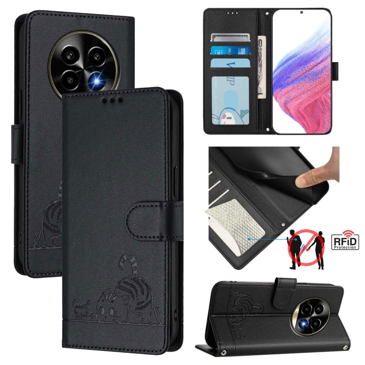 Cat Rat Embossed Pattern RFID Leather Phone Case with Lanyard, For Realme 13+ 5G Global, For Realme 13 Pro / 13 Pro+ 5G, For Realme GT 6 5G Global, For Realme GT 6T 5G Global