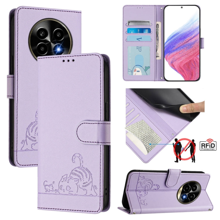 Cat Rat Embossed Pattern RFID Leather Phone Case with Lanyard, For Realme 13+ 5G Global, For Realme 13 Pro / 13 Pro+ 5G, For Realme GT 6 5G Global, For Realme GT 6T 5G Global