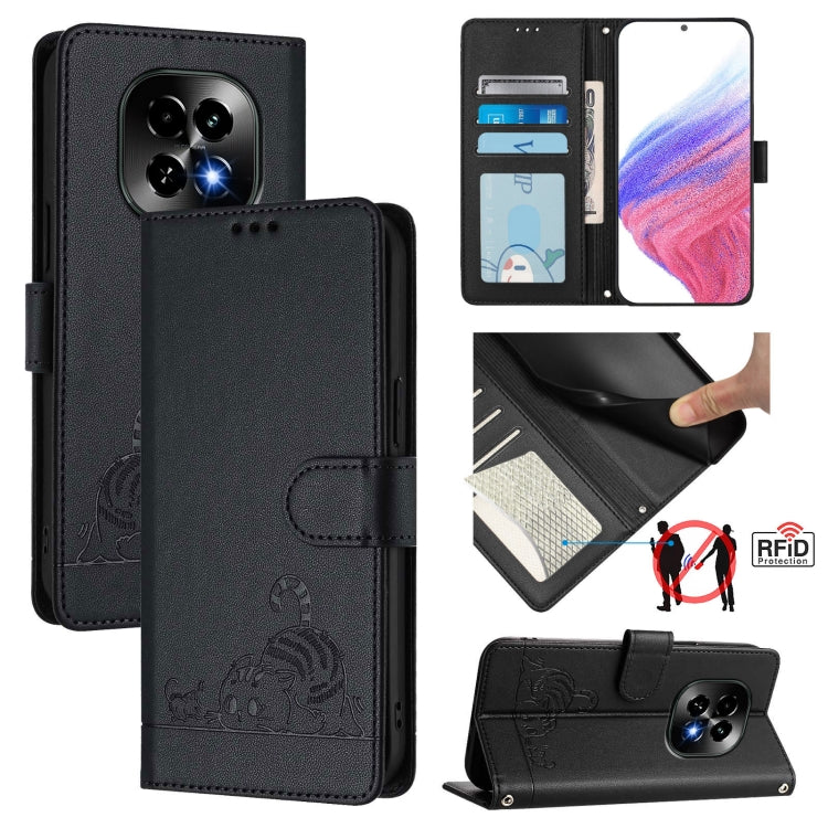 Cat Rat Embossed Pattern RFID Leather Phone Case with Lanyard, For Realme 14 Pro 5G, For Realme GT 7 Pro 5G, For Realme C63 5G Global, For Realme Note 60 4G Global