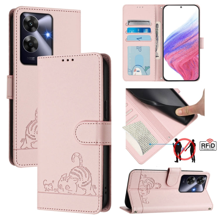Cat Rat Embossed Pattern RFID Leather Phone Case with Lanyard, For Realme 14 Pro 5G, For Realme GT 7 Pro 5G, For Realme C63 5G Global, For Realme Note 60 4G Global