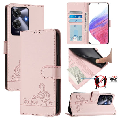 Cat Rat Embossed Pattern RFID Leather Phone Case with Lanyard, For Realme 14 Pro 5G, For Realme GT 7 Pro 5G, For Realme C63 5G Global, For Realme Note 60 4G Global