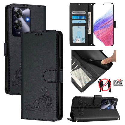 Cat Rat Embossed Pattern RFID Leather Phone Case with Lanyard, For Realme 14 Pro 5G, For Realme GT 7 Pro 5G, For Realme C63 5G Global, For Realme Note 60 4G Global