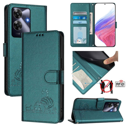 Cat Rat Embossed Pattern RFID Leather Phone Case with Lanyard, For Realme 14 Pro 5G, For Realme GT 7 Pro 5G, For Realme C63 5G Global, For Realme Note 60 4G Global